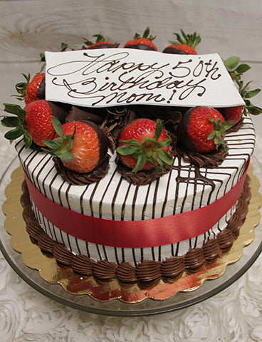 BD-000A  Strawberry Grand Marnier Cake with dipped strawberry decor.  Our most popular cake.