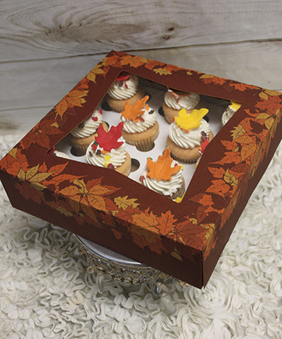 CC-066  One dozen of gold mini cupcakes with chocolate filling in fall festive box.