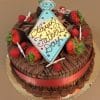 FD-004 is a chocolate cake with raspberry mousse filling, topped with strawberries, chocolate shavings, a red ribbon, and a necktie cookie featuring "Happy Fathers Day" in chocolate icing.