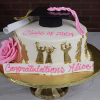The GC-037B is a round graduation cake featuring a pink rose, gold graduate silhouettes, a diploma, and a black cap. Pink "Class of 2024" and "Congratulations Alice!" messages are written on top.