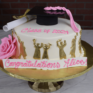 The GC-037B is a round graduation cake featuring a pink rose, gold graduate silhouettes, a diploma, and a black cap. Pink "Class of 2024" and "Congratulations Alice!" messages are written on top.