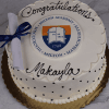 A GC-001G Milton Academy cake: white with black dots, decorated with the Milton Academy logo, a mock diploma tied with a blue ribbon, and “Congratulations Makayla” in black icing.