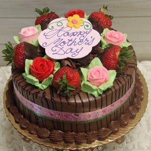 The MD-003 Chocolate Mousse Cake features chocolate-dipped strawberries, pink and red icing roses with green leaves, a "Happy Mother’s Day" pink plaque, and is wrapped with a pink floral ribbon.