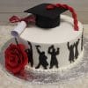 GC-037A is a round white graduation cake decorated with a red rose, a diploma, and a black cap. Silhouettes of graduates in caps and gowns are piped around the side.