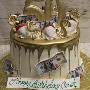 BD-166: A gold and white drip cake featuring gold dollar signs, chocolate strawberries, fake $100 bills, a large gold “50” topper, and a “Happy Birthday Cash” sign in green script at the base.
