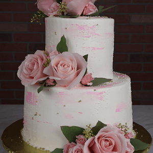 The WD-001Z is a two-tiered white cake with pink brushstroke accents, adorned with pink roses and green leaves, presented on a gold cake board against a brick wall background.
