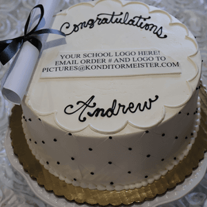 A white round cake with gold trim, black dots, and a scroll on top. “Congratulations Andrew” is written on it. For GC-0009: Don’t see your school logo? Send us your logo to add it to the design.