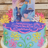 A blue and pink SC-016B Little Mermaid birthday cake decorated with colorful flowers, coral, seaweed, and a mermaid illustration on top. The cake says "Happy 8th Birthday Deborah.
