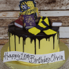 The CB-009Z is a yellow and black Hufflepuff-themed cake with chocolate drip, fondant books, scarf, crest, and a “Happy 10th Birthday Olivia” banner.