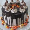 BD-026B Peanut Butter Passion: A chocolate drip cake topped with frosting swirls, peanut butter cup pieces, and chocolate chips, finished with orange, yellow, and brown candies plus mini peanut butter cups at the base.