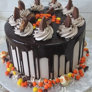 BD-026B Peanut Butter Passion: A chocolate drip cake topped with frosting swirls, peanut butter cup pieces, and chocolate chips, finished with orange, yellow, and brown candies plus mini peanut butter cups at the base.