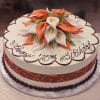 The AN-016 is a round cake featuring orange and white calla lilies, ornate piping, a brown and orange border, and "Happy 75th Birthday" written in cursive on top.