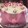 The CB-024A is a round cake with a large pink fondant bow, butterfly toppers, "Susie" in pink letters, and a pink number 3 candle—perfect for celebrating a third birthday.