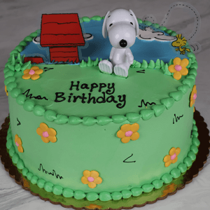 The SC-002 Snoopy is a round green birthday cake featuring yellow flowers, Snoopy, his red doghouse, Woodstock, and a blue sky on top, with "Happy Birthday" written in black icing.