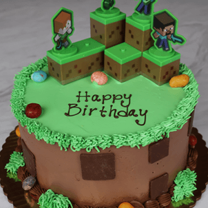The SC-005 Minecraft cake is round with green and brown frosting, block shapes, four Minecraft character toppers, “Happy Birthday” on top, and candy decorations around the base.
