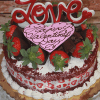 The VC-000D Display Red Velvet cake features strawberries, chocolate pieces, heart-shaped designs, a large red "Love" topper, and a pink heart with "Happy Valentine’s Day" written in elegant script.