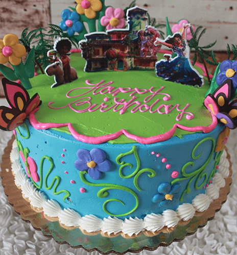 SC-011 Encanto: A round, colorful birthday cake with flowers, butterflies, Encanto characters, and "Happy Birthday" in pink icing on top.