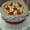 The CB-028C cake is round and decorated to resemble a pepperoni pizza with mushrooms and green peppers, topped with a red and white ribbon that reads "Happy Sweet 18 Meimei!" in red icing.