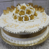 AN-004: A round white cake with gold and white icing roses, gold ribbon, and "Happy 60th Birthday Anita" piped in gold. Presented on a gold board with a decorative white border.