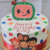 CB-009R is a round birthday cake decorated with colorful polka dots, a red ribbon base, a cartoon TV with antennae and a ladybug topper, and five smiling cartoon characters. The cake reads "Happy Birthday Riley.