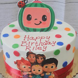 CB-009R is a round birthday cake decorated with colorful polka dots, a red ribbon base, a cartoon TV with antennae and a ladybug topper, and five smiling cartoon characters. The cake reads "Happy Birthday Riley.