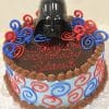A round SC-007 Darth Vader cake with chocolate frosting, blue and red swirl designs, a Darth Vader helmet topper, and "Happy 18th birthday Shanie" written in red icing.
