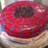 The CB-006A is a round cake with red frosting, blue web lines, and a black spider with a red number 3. A white banner at the base says "Happy Birthday Kendrick" in red cursive.