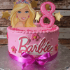 The CB-035A cake features a pink Barbie theme with a large Barbie image, pink number 8 topper, gold stars, pink flowers, and a purple ribbon bow on a silver cake board.