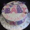 BB-017 is a round cake with pink and purple fondant “BABY” letters, polka dots, butterflies, bees, and a bird banner. “It’s a Girl” in pink script decorates the side. Presented on a silver floral-patterned board.