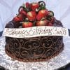 BD-101: Chocolate cake with swirled chocolate patterns, topped with strawberries, blueberries, and a white chocolate plaque with "Happy Birthday Curt" in cursive.