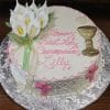 RC-008: A round white cake decorated with pink and gold accents, calla lilies, a gold chalice, pink crosses, and "Happy First Holy Communion Lilly" written in pink icing.