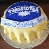 The BD-025 Twisted Tea cake features a can top design with a blue and white logo, yellow fondant sides, and a banner that says "Happy 21st Birthday Marcus!" in blue script.