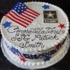 BD-111: Round cake featuring an American flag, U.S. Army logo, red, white, and blue stars, and “Congratulations SSG Patrick Smith” piped in black icing.