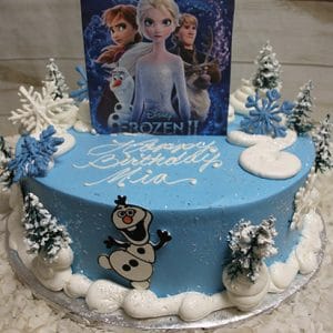 CB-008B is a blue Frozen-themed birthday cake with white and blue frosting, snowflakes, small trees, an Olaf figure, and a Frozen II topper featuring Elsa, Anna, and Kristoff. "Happy Birthday, Mia" is written on top.