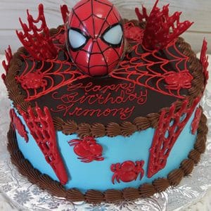 The SC-055 Spiderman cake is round with blue sides, red chocolate spider webs and spiders, topped with a 3D Spider-Man mask and web. "Happy Birthday Timony" is written in red icing on top.