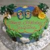 SC-033 is a round, beach-themed birthday cake decorated with flip-flops, sand, palm trees, a flower, and an umbrella. "Happy Birthday Christine" is written in pink icing on blue and green frosting with cloud accents.