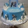 The CB-008A is a round blue birthday cake adorned with snowflakes, small trees, Frozen characters on top, an Olaf illustration on the side, and "Happy Birthday Emma" written in white icing.