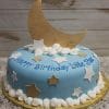 The BB-054 is a round blue birthday cake topped with white and gold stars, white frosting clouds, and a large gold crescent moon. "Happy Birthday Little Star" is written in blue icing.