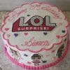CB-009T is a round white cake with the LOL Surprise! logo, pink and purple hearts, “Happy 3rd Birthday Bianca” in pink, and LOL Surprise! doll images decorating the sides.