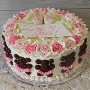 The BB-013 is a round cake with pink and white icing roses, chocolate paw prints, frosting baby shoes on top, and a sign that says “It’s a Girl!” in pink script.