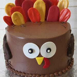THX-030 is a round chocolate cake designed as a turkey, featuring colorful candy feathers on top, large white eyes, a yellow beak, and a red wattle on the front.