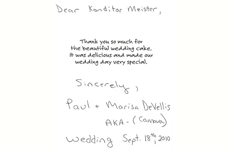 Handwritten customer thank you note thanking Konditor Meister for a wedding cake