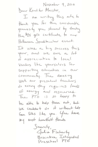 Handwritten thank you letter thanking Konditor Meister for a donation to a Halloween Spooktacular community event