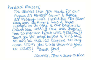 Handwritten customer review thanking Konditor Meister for wedding and rehearsal dinner cakes