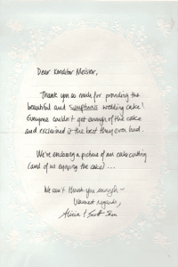 Handwritten customer review thanking Konditor Meister for a wedding cake