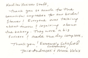 Handwritten customer review thanking Konditor Meister for cupcakes provided for a bridal shower