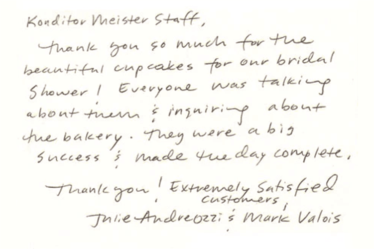 Handwritten customer review thanking Konditor Meister for cupcakes provided for a bridal shower