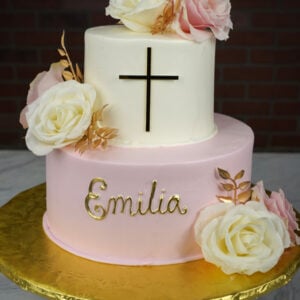 Petite Baptism Cake with White and Pink Fresh Flowers