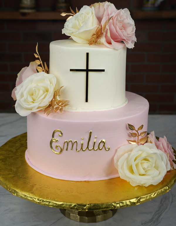 Petite Baptism Cake with White and Pink Fresh Flowers