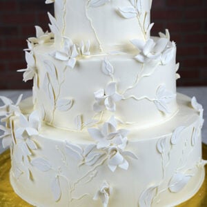 WD-106 is a three-tier white wedding cake featuring delicate botanical details with sculpted white flowers, leaves, and flowing vines. The monochromatic design creates an elegant and modern floral look.